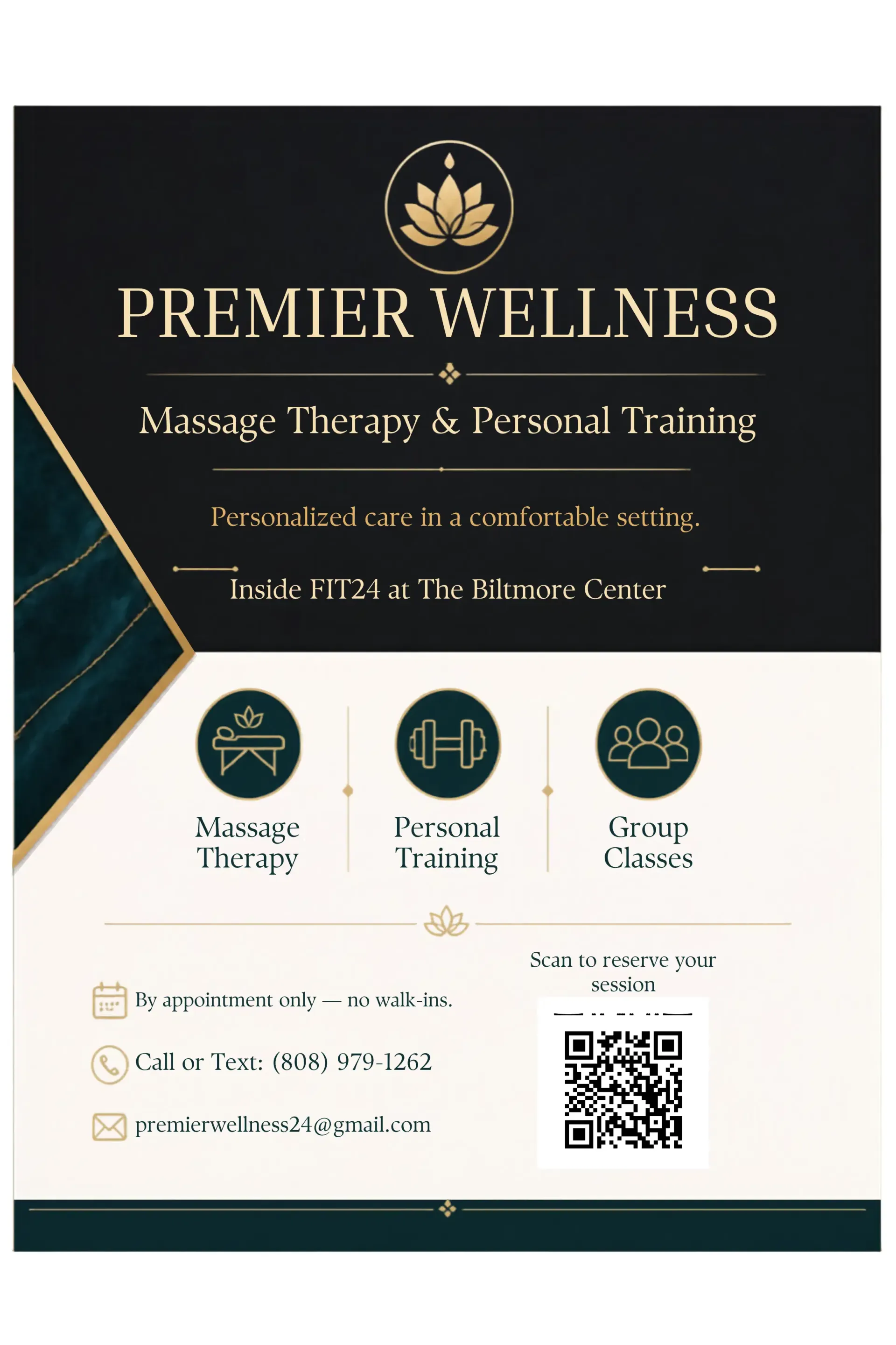 Premier Wellness brand collateral with a champagne-gold wordmark and a focus on massage therapy and personal training